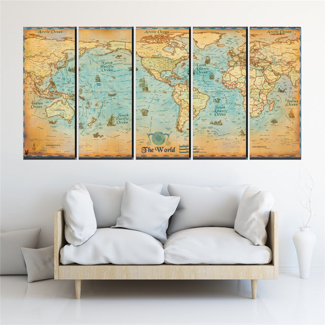 COOL world MAP poster 5 Pcs Waterfall Painting Canvas Wall Art Picture the world map poster for bar decor Canvas Print WL-058