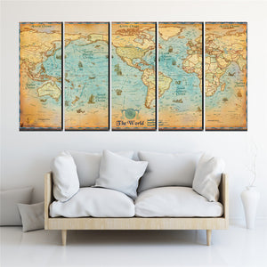 COOL world MAP poster 5 Pcs Waterfall Painting Canvas Wall Art Picture the world map poster for bar decor Canvas Print WL-058