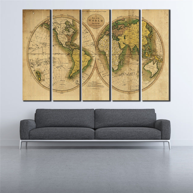 COOL world MAP poster 5 Pcs Waterfall Painting Canvas Wall Art Picture the world map poster for bar decor Canvas Print WL-058