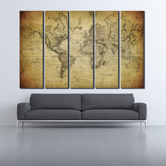 COOL world MAP poster 5 Pcs Waterfall Painting Canvas Wall Art Picture the world map poster for bar decor Canvas Print WL-058